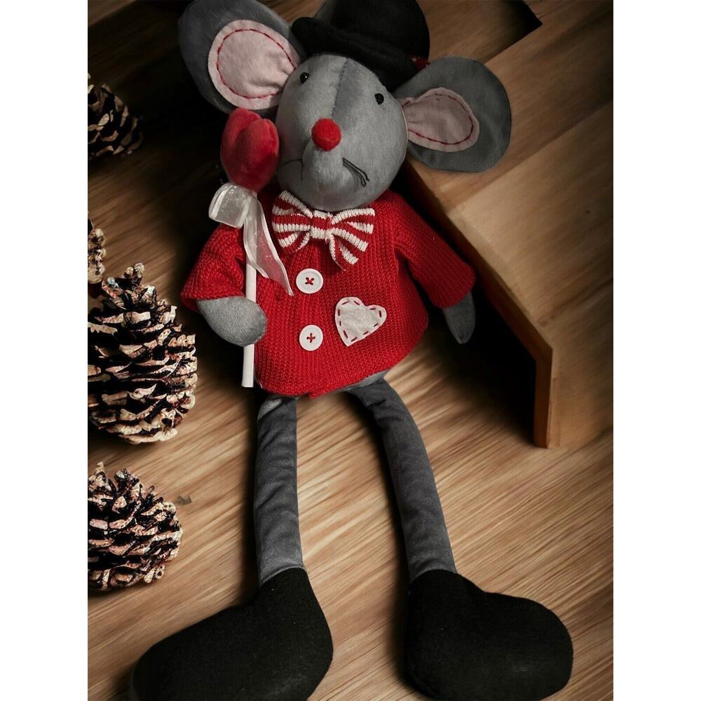 Shelf Sitter Gray Mouse W Red Heart Sweater & Lollipop Stuffed Animal - 22”